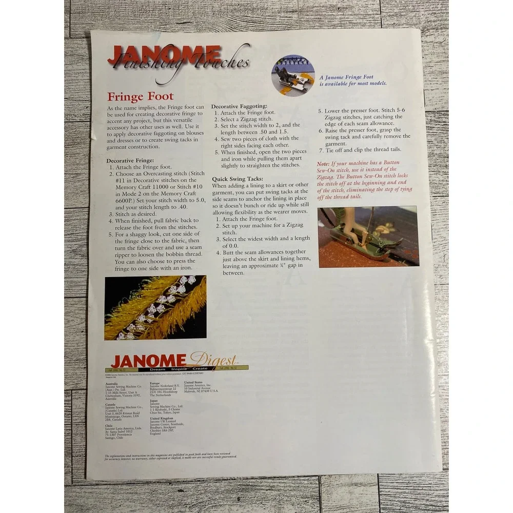 Janome Digest Fall 2006 No. 32 Sewing Serging Embroidery Magazine Patterns‎